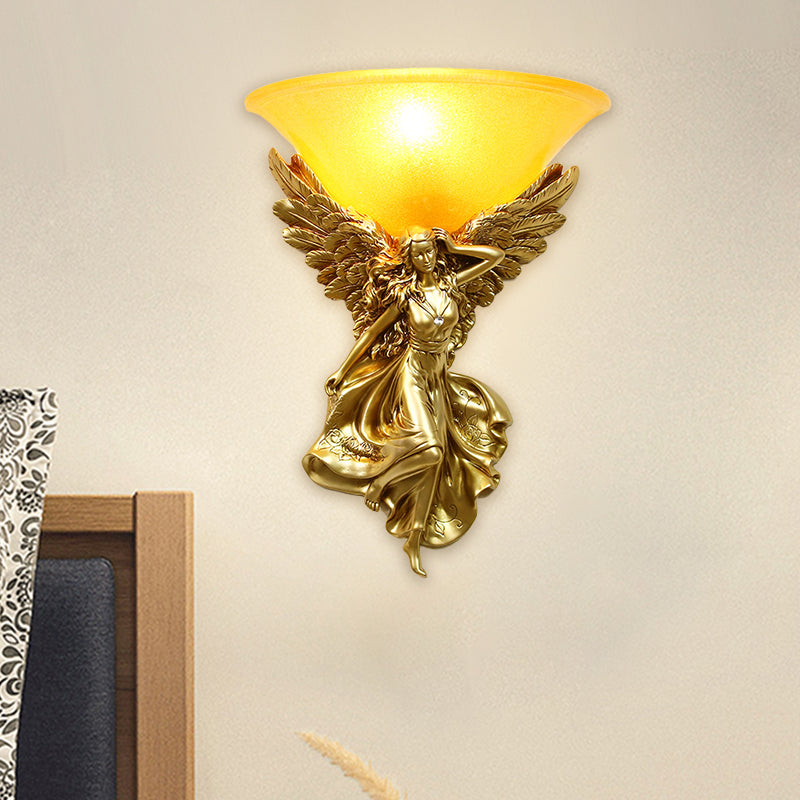 Traditional Frosted Glass Wall Sconce With Angel Backplate In White/Gold - 1 Bulb