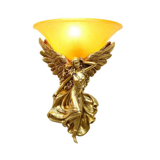 Traditional Frosted Glass Wall Sconce With Angel Backplate In White/Gold - 1 Bulb