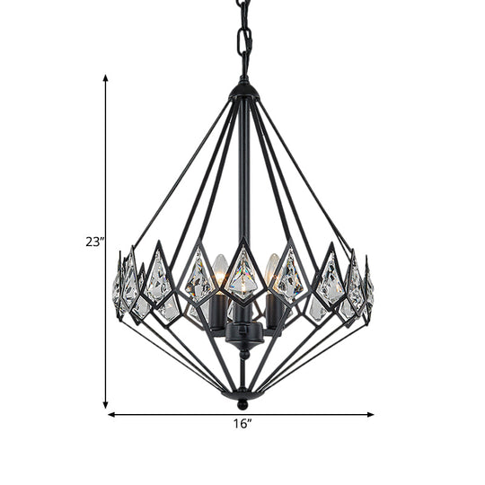 Modern Diamond Suspension Pendant Chandelier with 3 Metallic Heads and Crystal Encrustation in Black Elegant Parlor