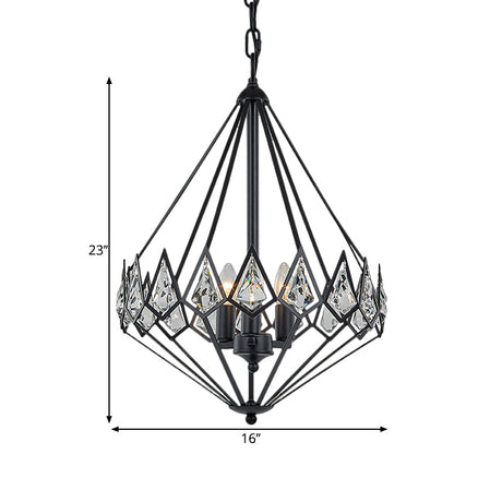 Modern 3-Head Diamond Suspension Pendant Chandelier With Crystal-Encrusted Metallic Finish Black