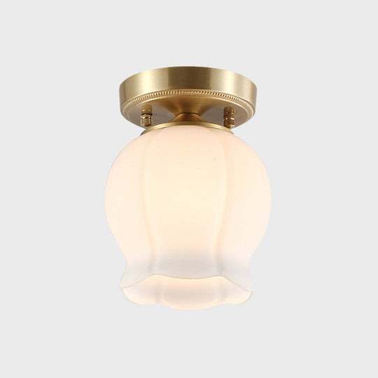 Vintage Brass Bud Semi - Mounted Ceiling Light Fixture With Cream Glass - 1 Bulb