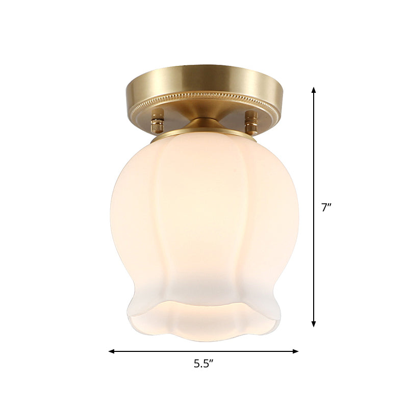 Vintage Brass Bud Semi - Mounted Ceiling Light Fixture With Cream Glass - 1 Bulb