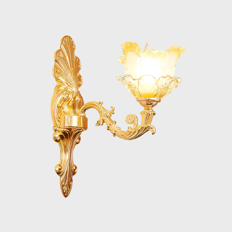Classic Gold Wall Sconce Light With Ruffle Glass Flower And Curvy Arm