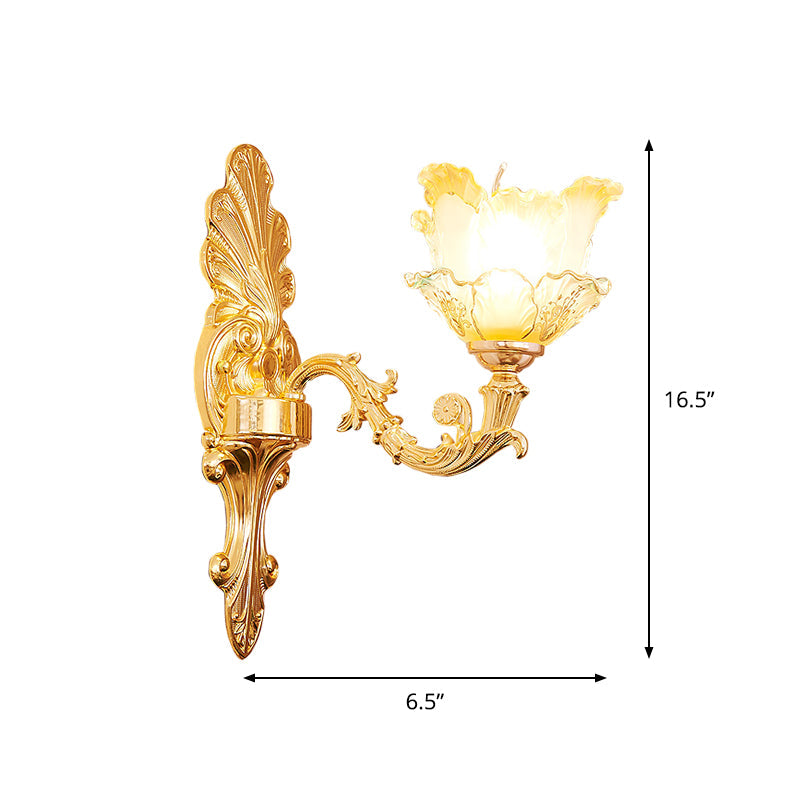 Classic Gold Wall Sconce Light With Ruffle Glass Flower And Curvy Arm