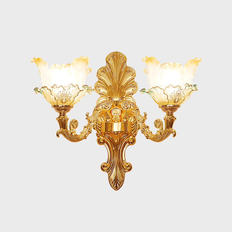 Classic Gold Wall Sconce Light With Ruffle Glass Flower And Curvy Arm