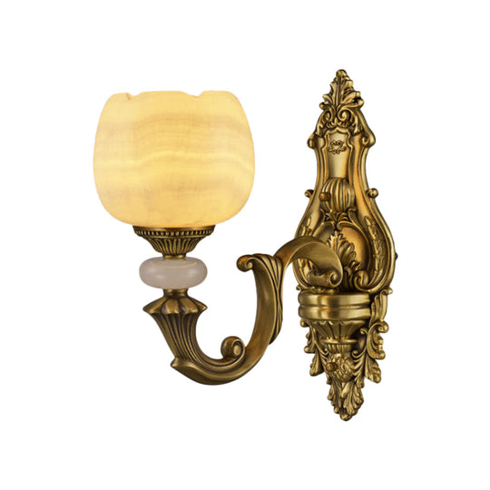 Rustic Brass Finish 1-Head Wall Sconce With Arched Arm - Flower Mount Lighting