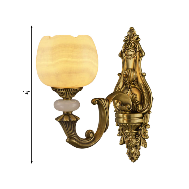 Rustic Brass Finish 1-Head Wall Sconce With Arched Arm - Flower Mount Lighting