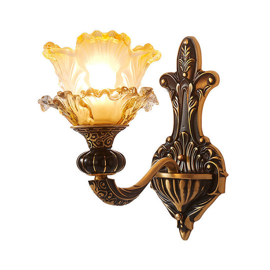 Rustic Half-Head Wall Lamp With Curvy Metallic Design And Flower Amber Glass Shade - Brass Finish