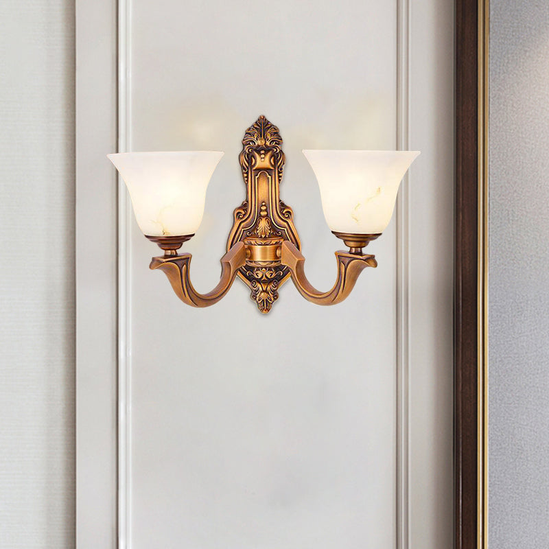 Rustic Brass Bedroom Wall Sconce With Frosted Glass Shade - 2 Light Bell Lamp