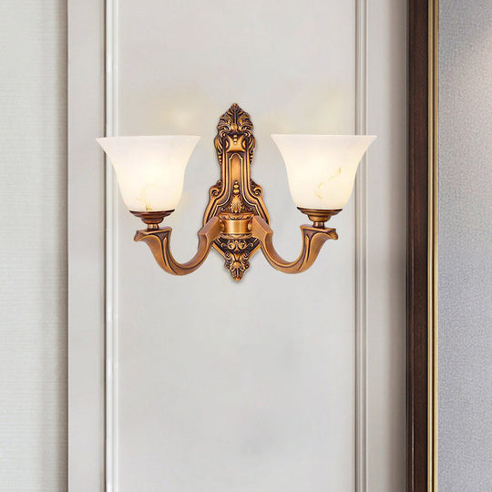 Rustic Brass Bedroom Wall Sconce With Frosted Glass Shade - 2 Light Bell Lamp