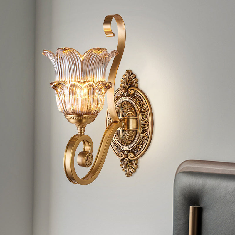 Country-Style Brass Wall Sconce With Crystal Glass Flower Accent And Swooping Arm - 1/2 Bulb Light