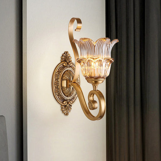 Country-Style Brass Wall Sconce With Crystal Glass Flower Accent And Swooping Arm - 1/2 Bulb Light