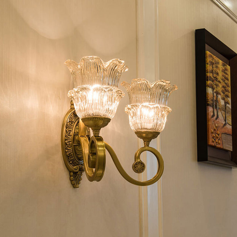 Country-Style Brass Wall Sconce With Crystal Glass Flower Accent And Swooping Arm - 1/2 Bulb Light