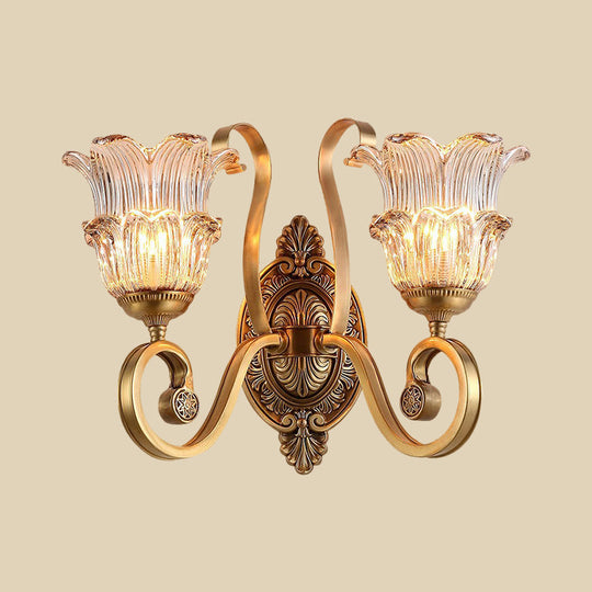 Country-Style Brass Wall Sconce With Crystal Glass Flower Accent And Swooping Arm - 1/2 Bulb Light