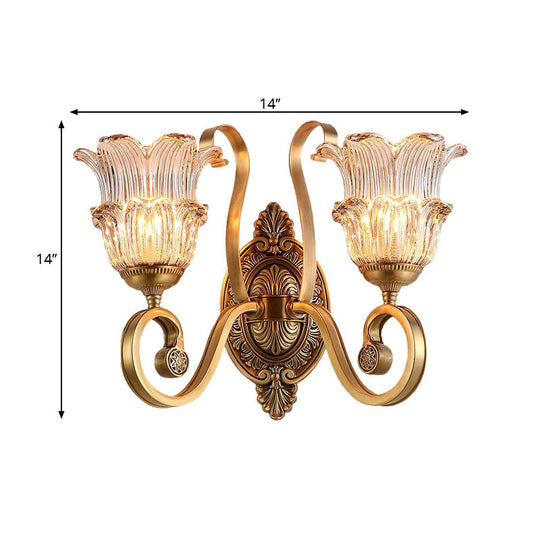 Country-Style Brass Wall Sconce With Crystal Glass Flower Accent And Swooping Arm - 1/2 Bulb Light