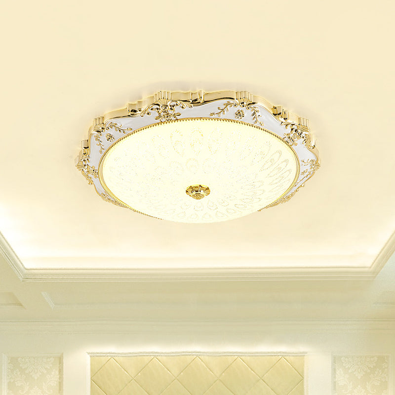 Led Round Ceiling Flush - Traditional White And Gold Mount Lighting With Milky Glass Print White -