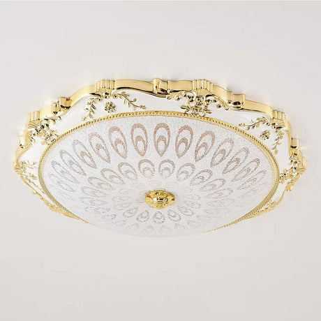 Led Round Ceiling Flush - Traditional White And Gold Mount Lighting With Milky Glass Print