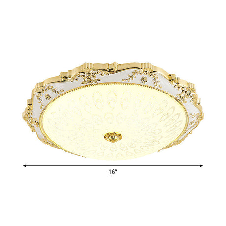Led Round Ceiling Flush - Traditional White And Gold Mount Lighting With Milky Glass Print