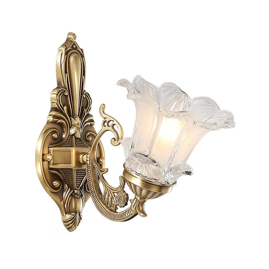 Countryside Flower Shaped Wall Lamp With Clear Ridged Glass And Brass Bulbs