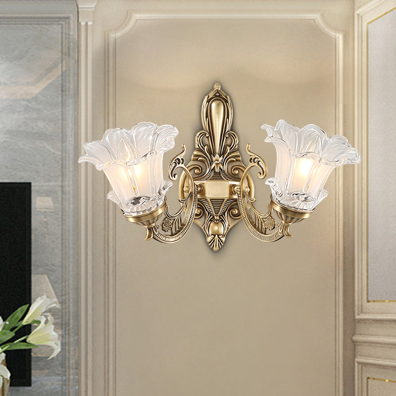 Countryside Flower Shaped Wall Lamp With Clear Ridged Glass And Brass Bulbs
