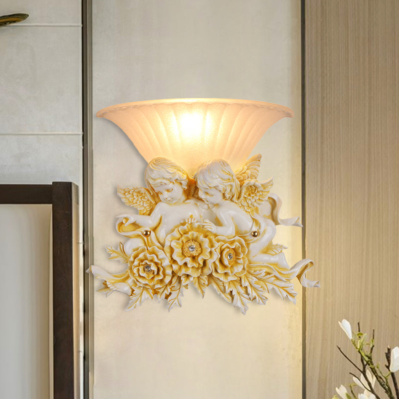 Rustic Gold/Beige Opal Fluted Glass Wall Light With Dual Angels Decor - Mounted Lamp