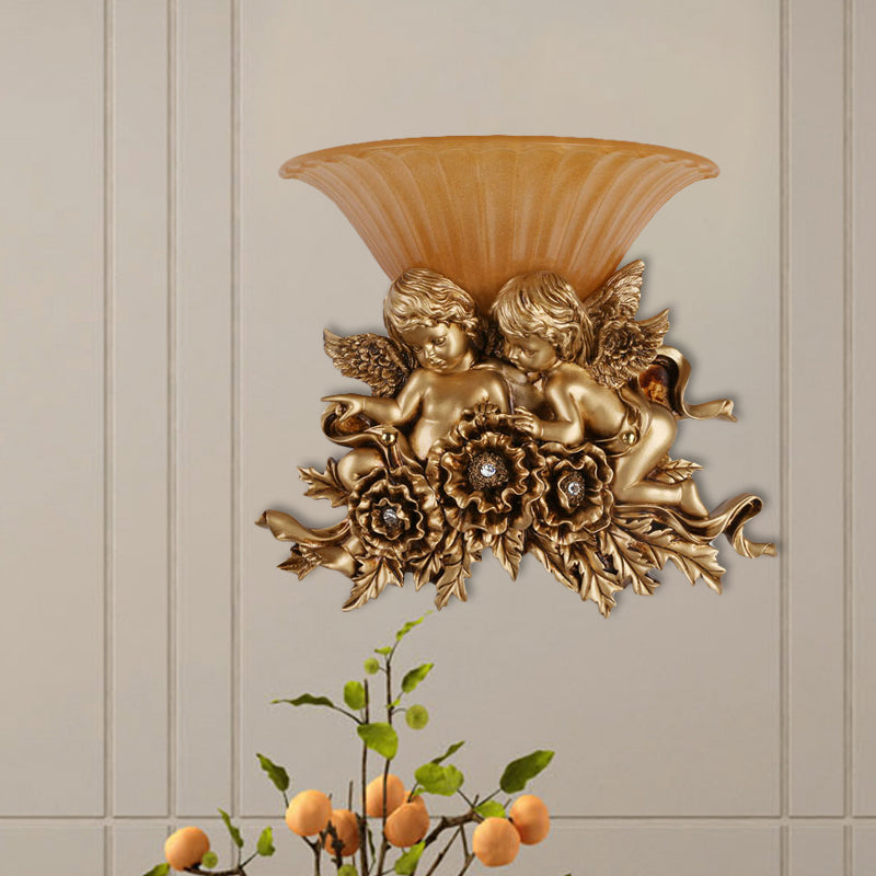 Rustic Gold/Beige Opal Fluted Glass Wall Light With Dual Angels Decor - Mounted Lamp
