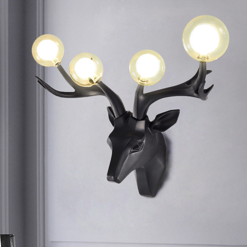 Classic Style Sika Deer Wall Lamp With Clear Crystal Shade - 4 Heads Black/White/Blue Resin For
