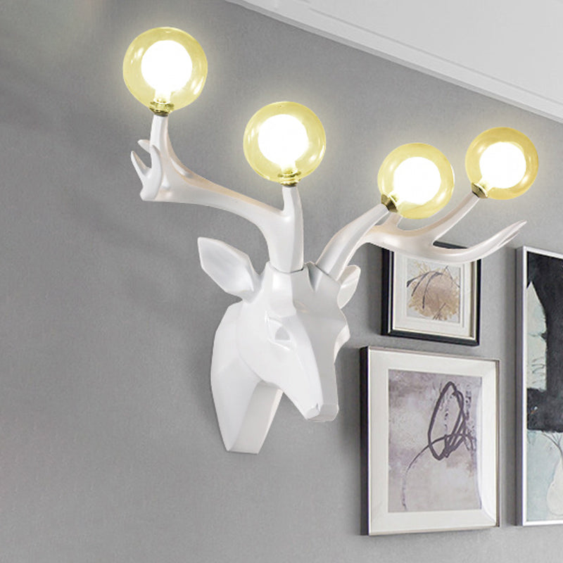 Classic Style Sika Deer Wall Lamp With Clear Crystal Shade - 4 Heads Black/White/Blue Resin For