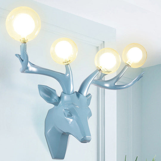 Classic Style Sika Deer Wall Lamp With Clear Crystal Shade - 4 Heads Black/White/Blue Resin For