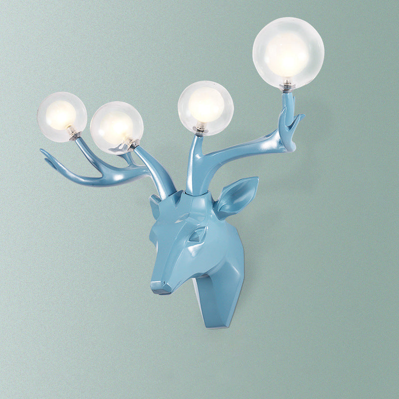 Classic Style Sika Deer Wall Lamp With Clear Crystal Shade - 4 Heads Black/White/Blue Resin For