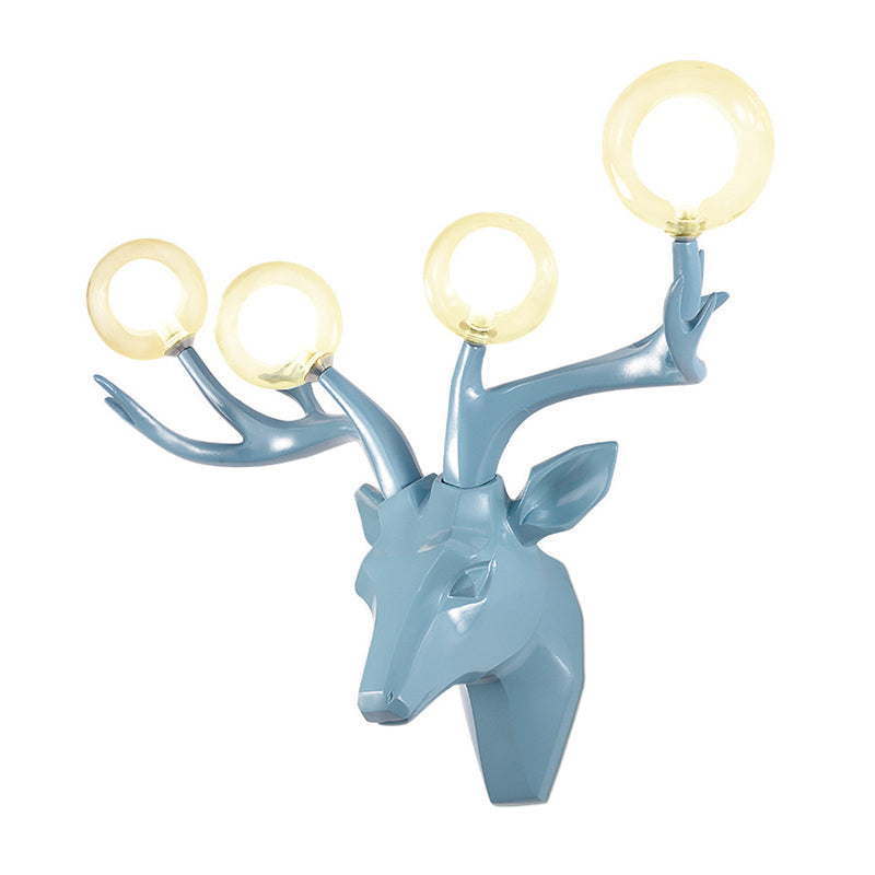 Classic Style Sika Deer Wall Lamp With Clear Crystal Shade - 4 Heads Black/White/Blue Resin For