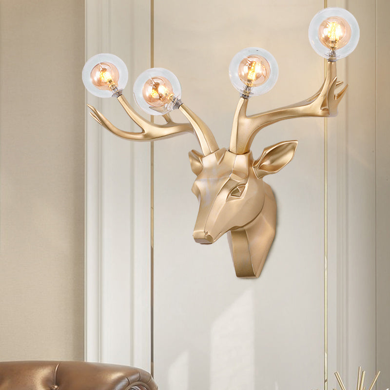Classic Style Sika Deer Wall Lamp With Clear Crystal Shade - 4 Heads Black/White/Blue Resin For