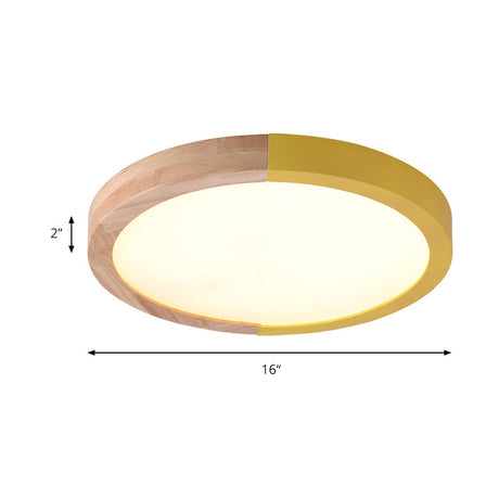 Modern Drum Flush Mount Light With Wood And Acrylic Shade For Kids Bedroom