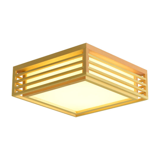 Japanese Beige Led Flush Ceiling Light With Acrylic Square Design - Warm/White And Wood Cage For