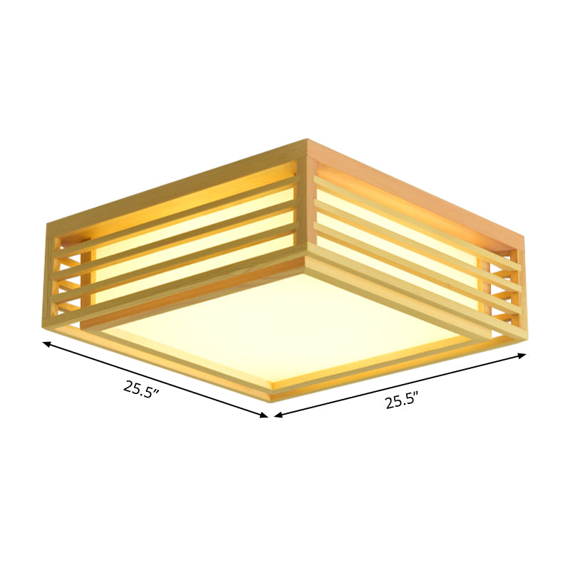 Japanese Beige Led Flush Ceiling Light With Acrylic Square Design - Warm/White And Wood Cage For