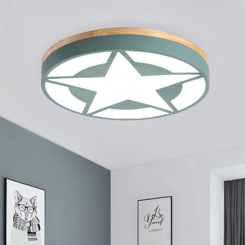 Wood Led Star Flush Mount Ceiling Light With Acrylic Shade For Boys Bedroom Modern Style Green /