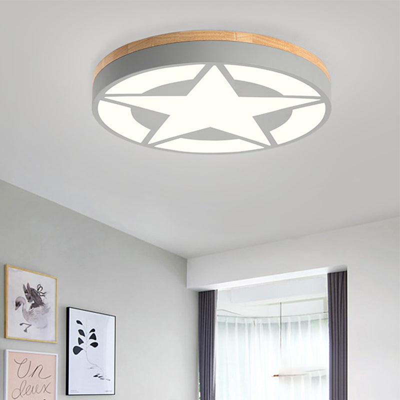 Wood Led Star Flush Mount Ceiling Light With Acrylic Shade For Boys Bedroom Modern Style Grey /