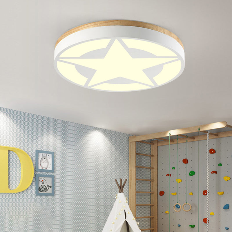 Wood Led Star Flush Mount Ceiling Light With Acrylic Shade For Boys Bedroom Modern Style White /