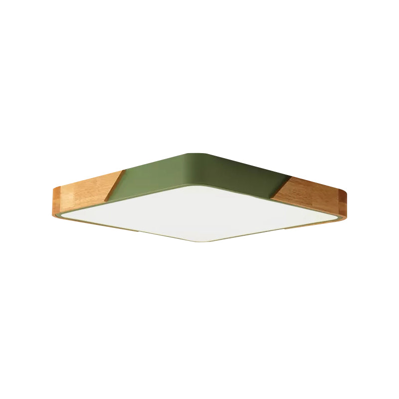 Kids Bedroom Ceiling Light - Nordic Green Square Flush Mount With Wood And Acrylic Shade / 12 White