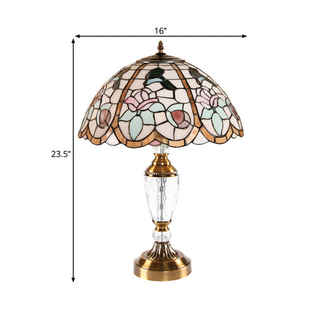 Rose Pattern Tiffany Stained Glass Nightstand Lamp In White - Domed Table Light With 1 Head