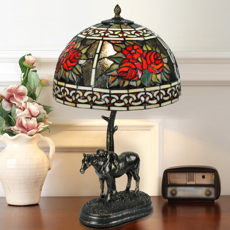 Vintage Stained Glass Bronze Desk Lamp 1-Bulb Night Table Light With Boy On Horse Decoration