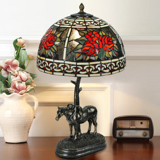 Vintage Stained Glass Bronze Desk Lamp 1-Bulb Night Table Light With Boy On Horse Decoration
