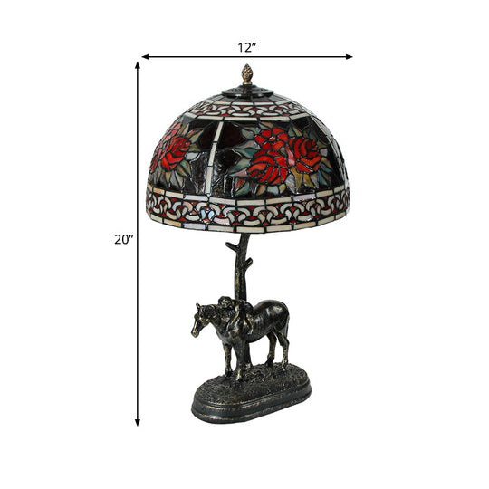 Vintage Stained Glass Bronze Desk Lamp 1-Bulb Night Table Light With Boy On Horse Decoration