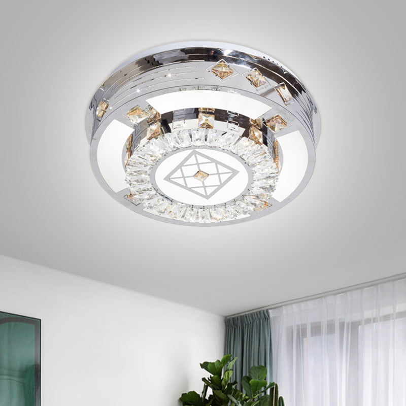 Modern Chrome Led Round Flush Mount Crystal Ceiling Light In Warm/White 19.5’/31.5’ Wide