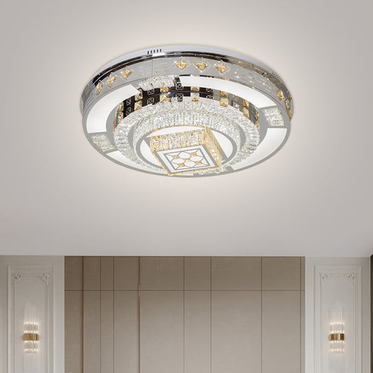 Modern Chrome Led Round Flush Mount Crystal Ceiling Light In Warm/White 19.5’/31.5’ Wide