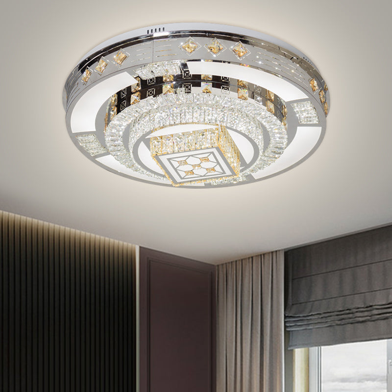 Modern Chrome Led Round Flush Mount Crystal Ceiling Light In Warm/White 19.5’/31.5’ Wide