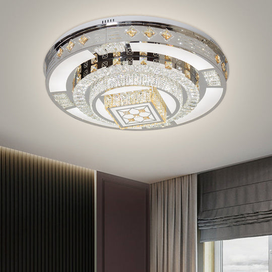 Modern Chrome Led Round Flush Mount Crystal Ceiling Light In Warm/White 19.5’/31.5’ Wide