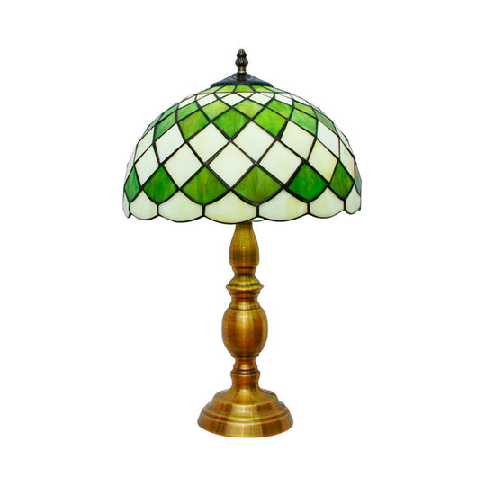 Scarlett - Classic Single Bulb Dome Nightstand Lamp Green Hand Cut Glass Desk Light With Grid