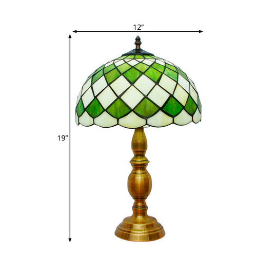 Scarlett - Classic Single Bulb Dome Nightstand Lamp Green Hand Cut Glass Desk Light With Grid