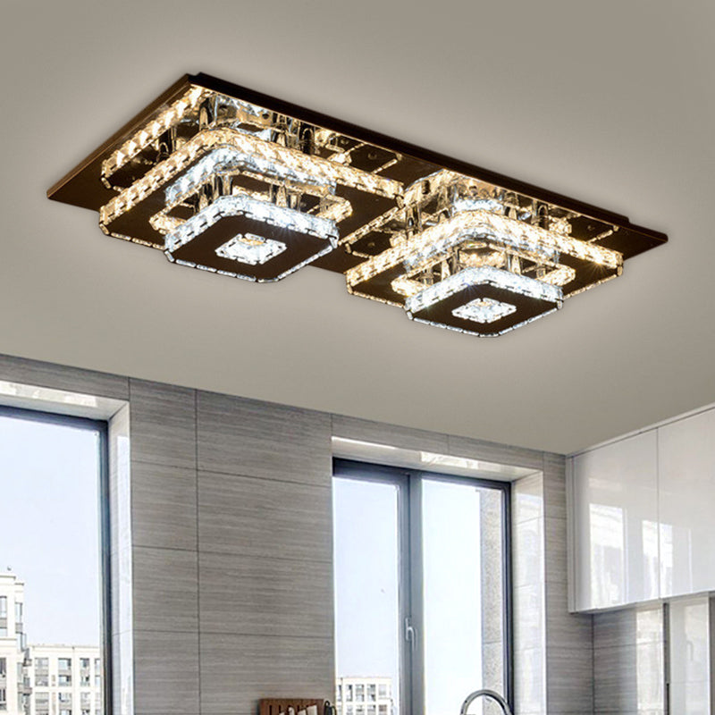 Contemporary 2 - Tier Crystal Ceiling Fixture - 12’/26.5’ Wide Stainless - Steel Led Flush